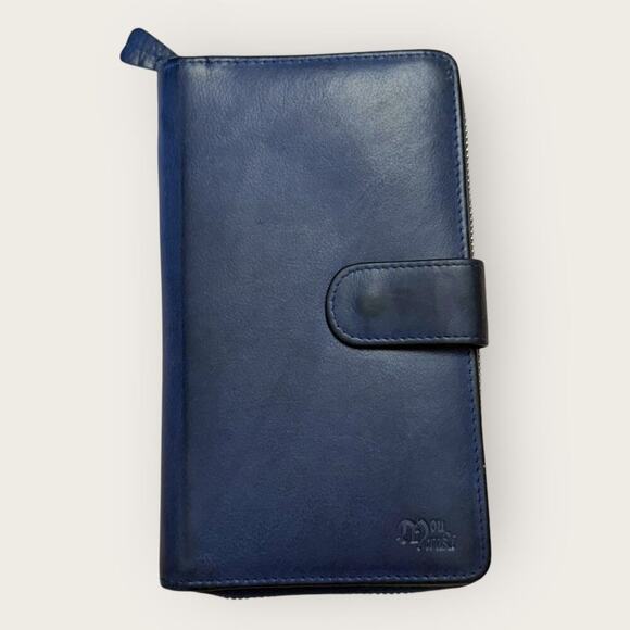 Mou Meraki RFID Leather Bifold Zippered Wallet Passport Creditcards Navy 8"X4.5" - Picture 1 of 12